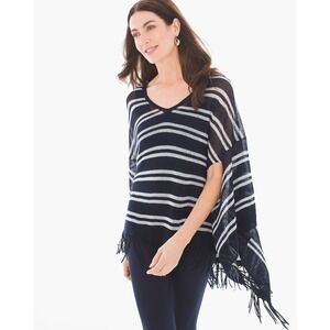 Zenergy by Chicos Poncho Rebekah Fringe Stripe Blue White NWT